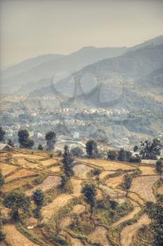 fields and mountains around Pokhara. Himalayas. Nepal
