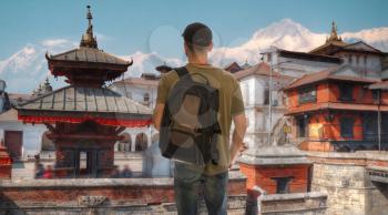 A male tourist is traveling around the city of Kathmandu. Nepal.