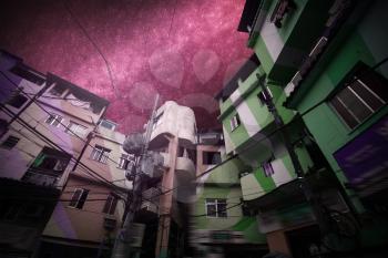 Astrophotography. Night starry sky. Favela of the poor in Rio de Janeiro. Brazil