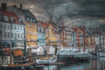 there is snow in the winter. Nyhavn is the old harbor of Copenhagen. Denmark