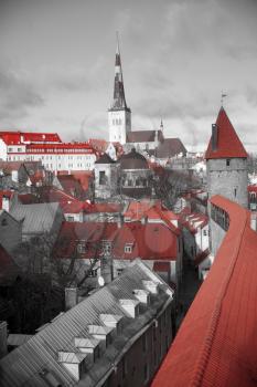 View over the Old Town of Tallinn, Estonia. black and red and white photo