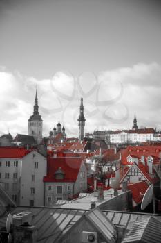 View over the Old Town of Tallinn, Estonia. black and red and white photo