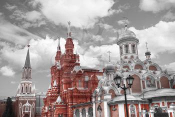 The ancient street of the center of Moscow. Not far from Red Square. black and red and white photo
