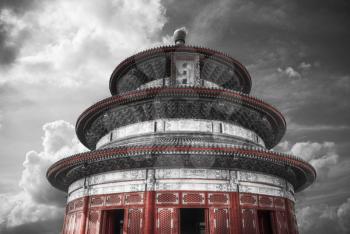 Temple of Heaven - temple and monastery complex in central Beijing. black and red and white photo