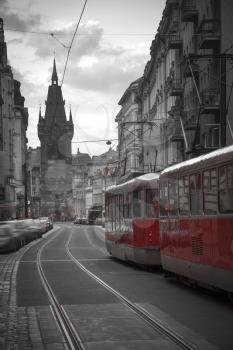 beautiful old streets of Prague. Czech Republic. black and red and white photo