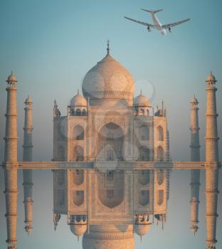 the plane is flying over Taj Mahal . Agra, Uttar Pradesh.