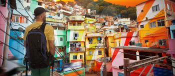 a man travels in Favelam in the city of RIO. Brazil