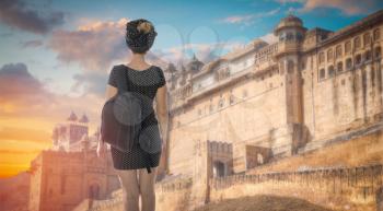 Amber Fort . girl tourist travels in Jaipur, India.