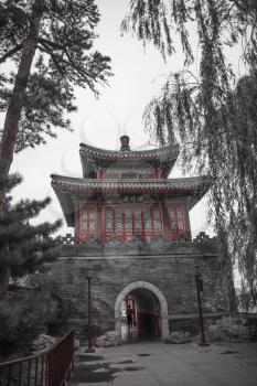 Beihai Park is an imperial garden to the north-west of the Forbidden City in Beijing. black and white photography.