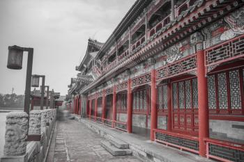 Beihai Park is an imperial garden to the north-west of the Forbidden City in Beijing. black and white photography.