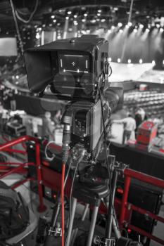 studio camera at the concert. television shooting. black and white photography.