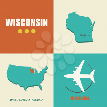 flat design with map Wisconsin concept for air travel