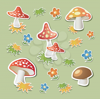 Mushrooms in the form stickers on green background