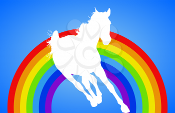 Graphics design with horse and rainbow on blue background