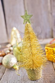 Christmas decoration on the wooden table, christmas background