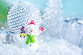 christmas decoration on the white snow, christmas background