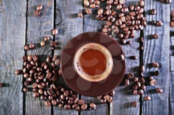 coffee background, coffee beans on the wooden table