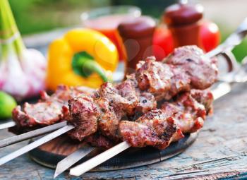 kebab and raw vegetables on a table and in the garden