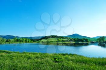 lake and green grass, summer landscape, nature in Crimea