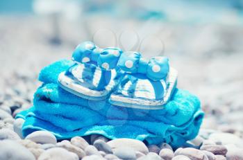 summer background, blue towel on sea beach