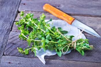 fresh marjoram sprig on the wooden table