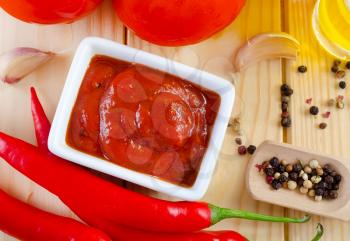 tomato and chilli  sauce in the white bowl