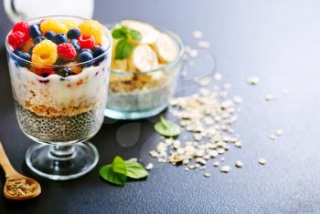 milk with chia seeds and berries on a table