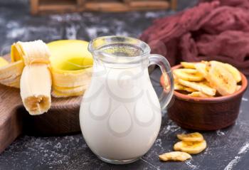 banana milk and chips on a table