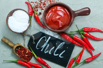 chilli sauce and aroma spice on a table