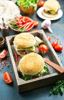 burgers in wooden box, burgers with hot chilli peppers
