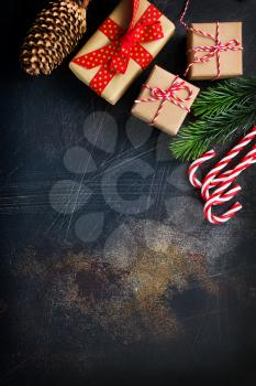 box for present and candy canes, christmas background