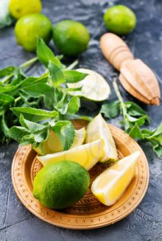 ingredients for mojito, fresh mint and lime