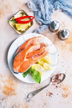 raw salmon and fresh lemon on the plate
