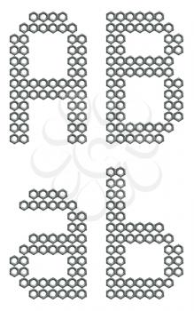 Letters of alphabet, A and B, composed of screw nuts, industrial font