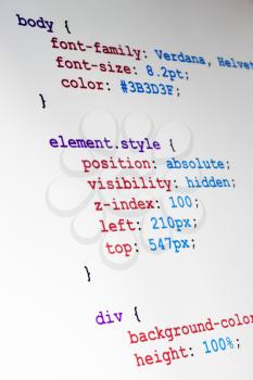 Web design CSS source code closeup vertical diagonal view