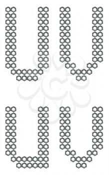 Letters of alphabet, U and V, composed of screw nuts, industrial font