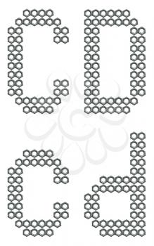 Letters of alphabet, C and D, composed of screw nuts, industrial font