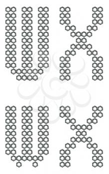 Letters of alphabet, W and X, composed of screw nuts, industrial font