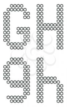 Letters of alphabet, G and H, composed of screw nuts, industrial font