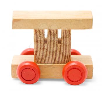 wooden railroad car toy with red wheels isolated on white background