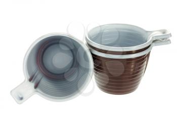 Group of empty disposable plastic brown coffee cups isolated on white background