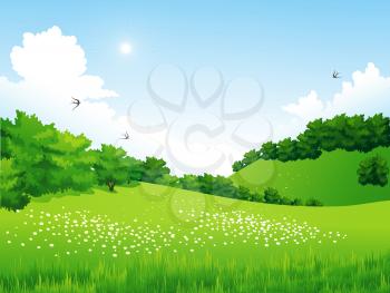 Vector Green Landscape with trees, clouds, flowers. Summer meadow