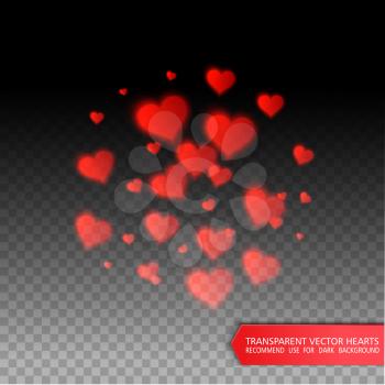 Vector confetti falling from red hearts on the transparent background. Love concept card background for Valentine's day
