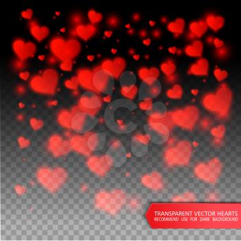 Vector confetti falling from red hearts on the transparent background. Love concept card background for Valentine's day
