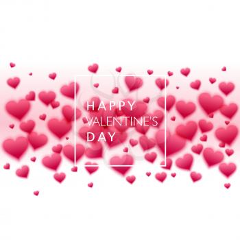Vector confetti falling from pink blurred  hearts on the white background. Love concept card background for Valentines day