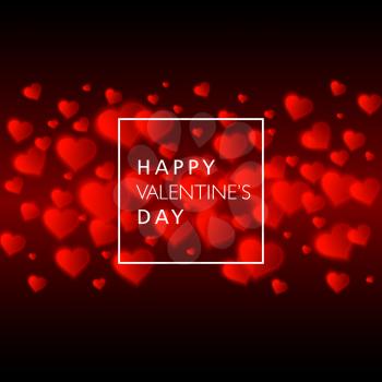 Vector confetti falling from red blurred  hearts on the dark background. Love concept card background for Valentines day