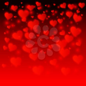 Vector confetti falling from red hearts blurred background. Love concept card background for Valentine's day