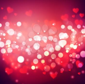 Vector confetti falling from blurred hearts and bokeh. Love concept card background for Valentines day
