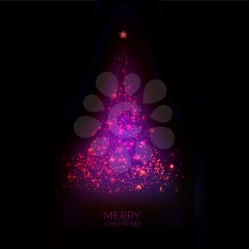 Shiny Christmas tree  in black poster . Vector illustration.