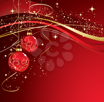 Holiday Background with Christmas baubles and snowflakes. Vector illustration.